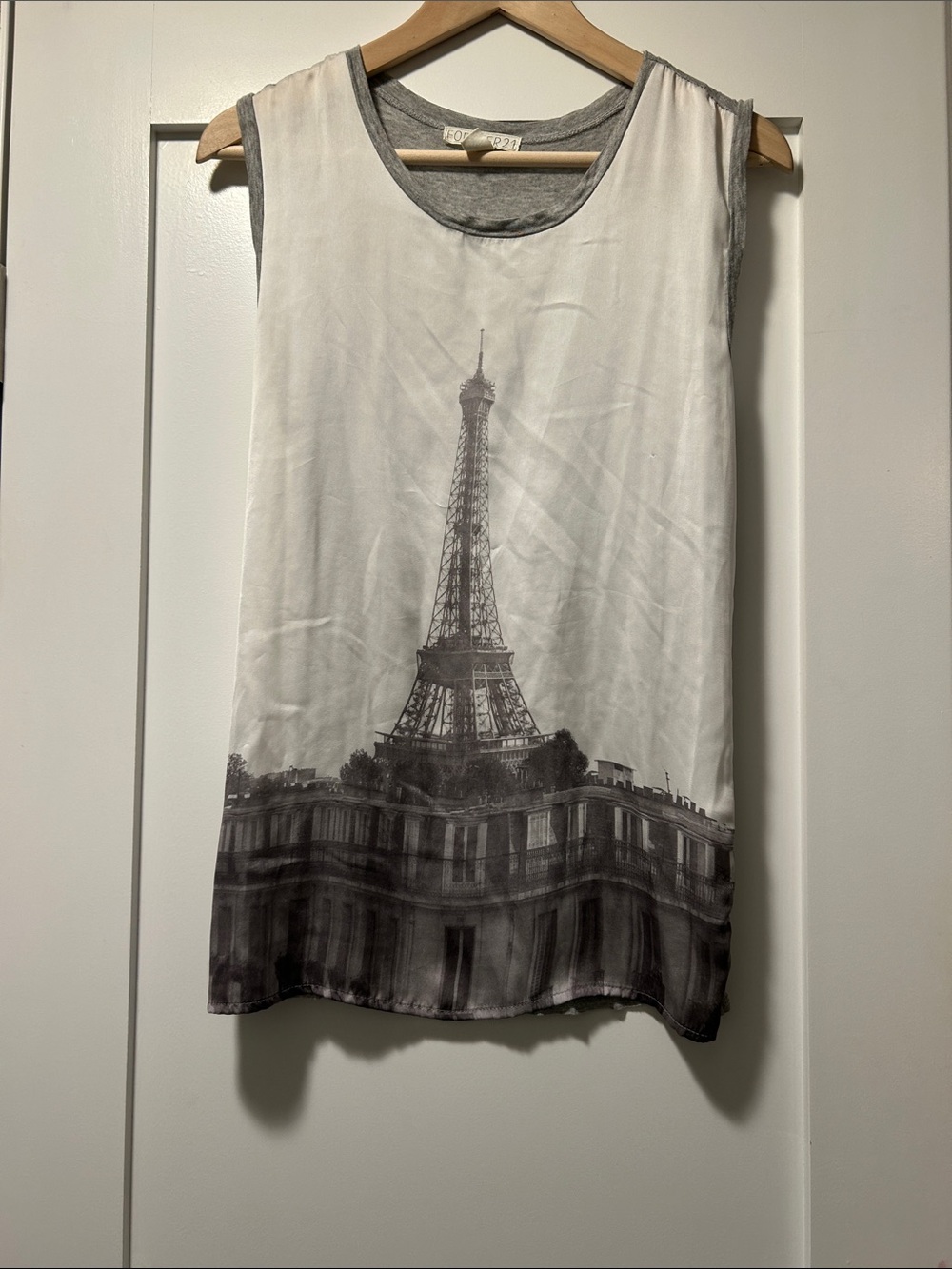 Forever 21 White and Gray Eiffel Tower Graphic Tank Top
